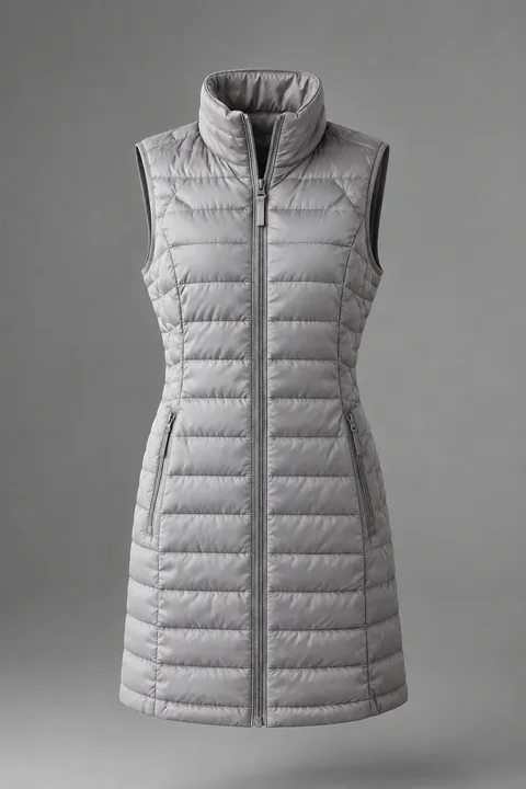 Chaleco acolchado largo Casablanca, gris piedra, foto de producto sobre fondo gris