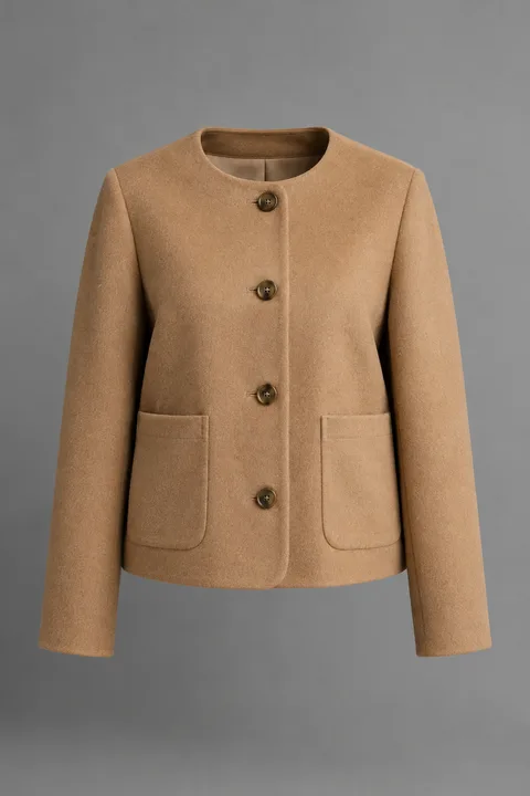 Chaqueta corta de paño Torrero, camel, foto de producto sobre fondo gris
