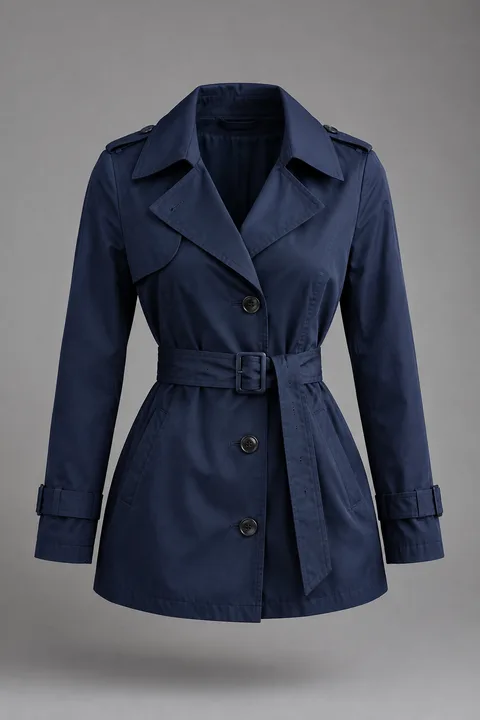 Gabardina corta Huerva, azul marino, foto de producto sobre fondo gris