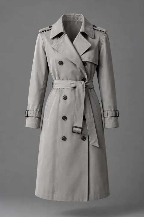 Gabardina cruzada Ebro, gris piedra, foto de producto sobre fondo gris