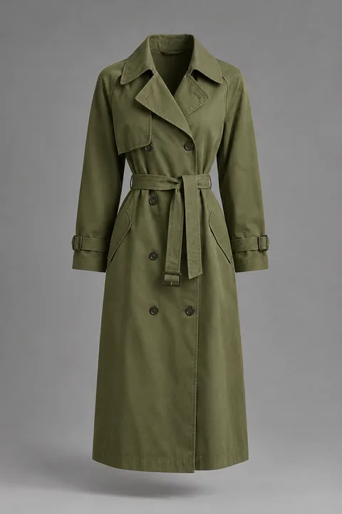 Gabardina larga Gállego, verde oliva, foto de producto sobre fondo gris